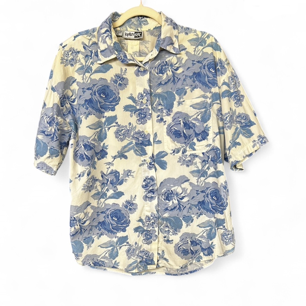 Vintage Krazy Kat Blue Floral Rose Button Up Shirt Medium 90s Cottagecore